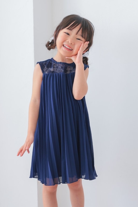 Kids ゴールド刺繍Aラインドレス ネイビー 3歳｜結婚式の