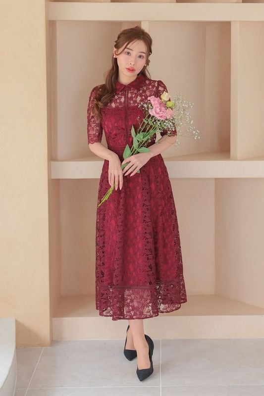 ROBE de FLEURS ワインレッドフレアドレス ROBE de FLEURS Glossy ワインレッドドレス - メルカリ