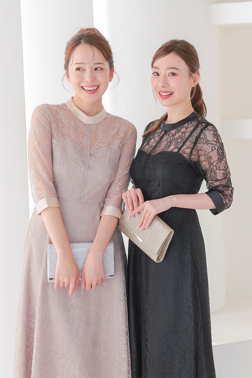 サテンドッキングオケージョンレースドレス ベージュ/M｜結婚式