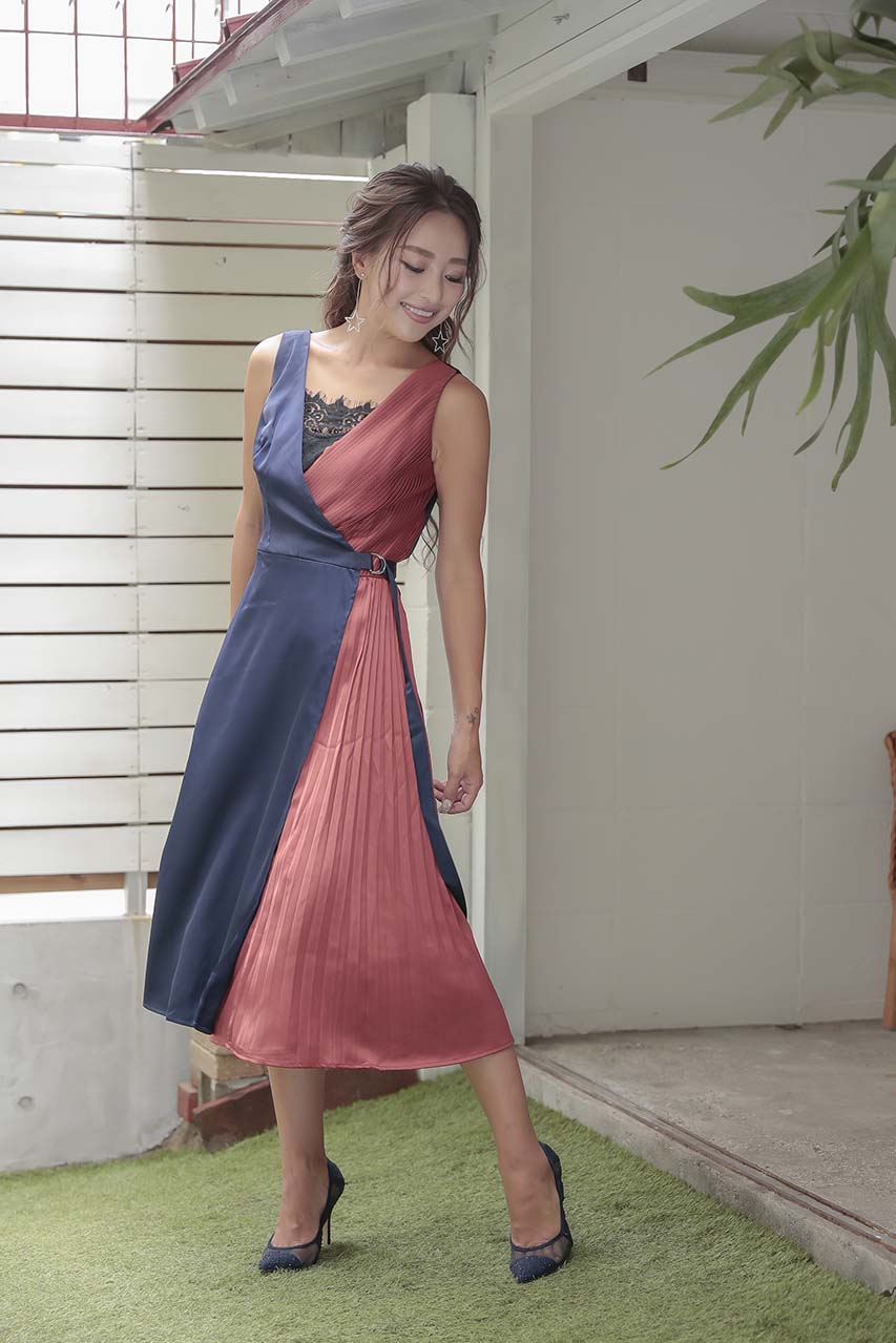 サテンバイカラーラップワンピース｜結婚式のパーティードレスなら