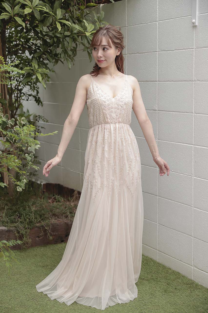 キャミビジューロングドレス ベージュ/M｜結婚式のパーティードレス
