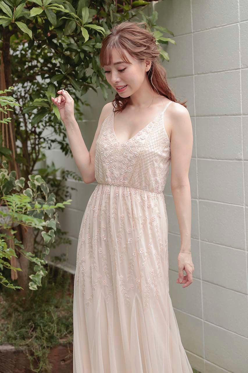キャミビジューロングドレス ベージュ/M｜結婚式のパーティードレス