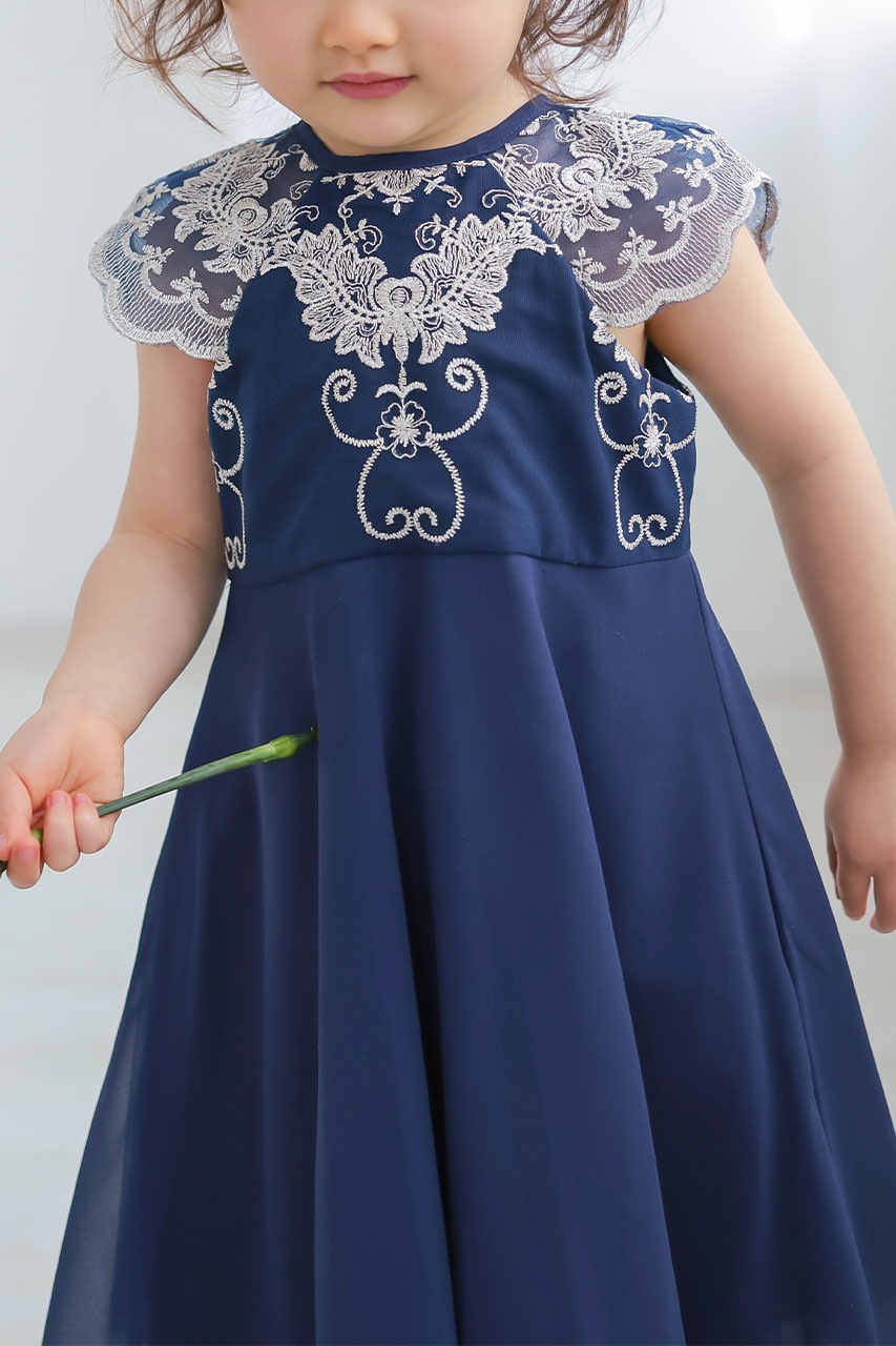 Kids ゴールド刺繍Aラインドレス ネイビー 4歳｜結婚式の