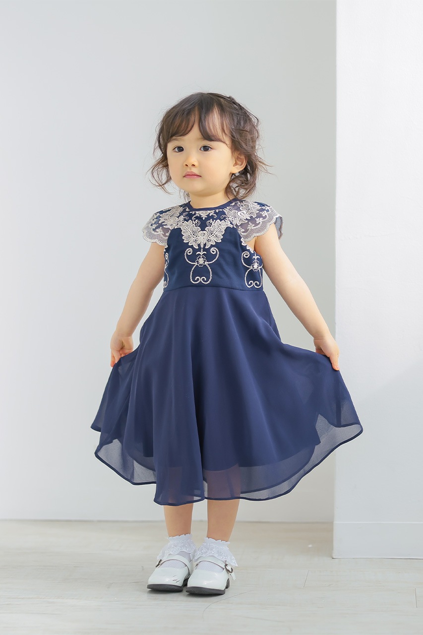 Kids ゴールド刺繍Aラインドレス ネイビー 4歳｜結婚式の