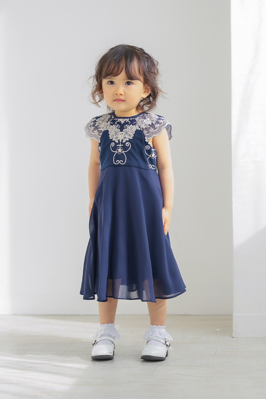 Kids ゴールド刺繍Aラインドレス ネイビー 5歳｜結婚式のパーティー