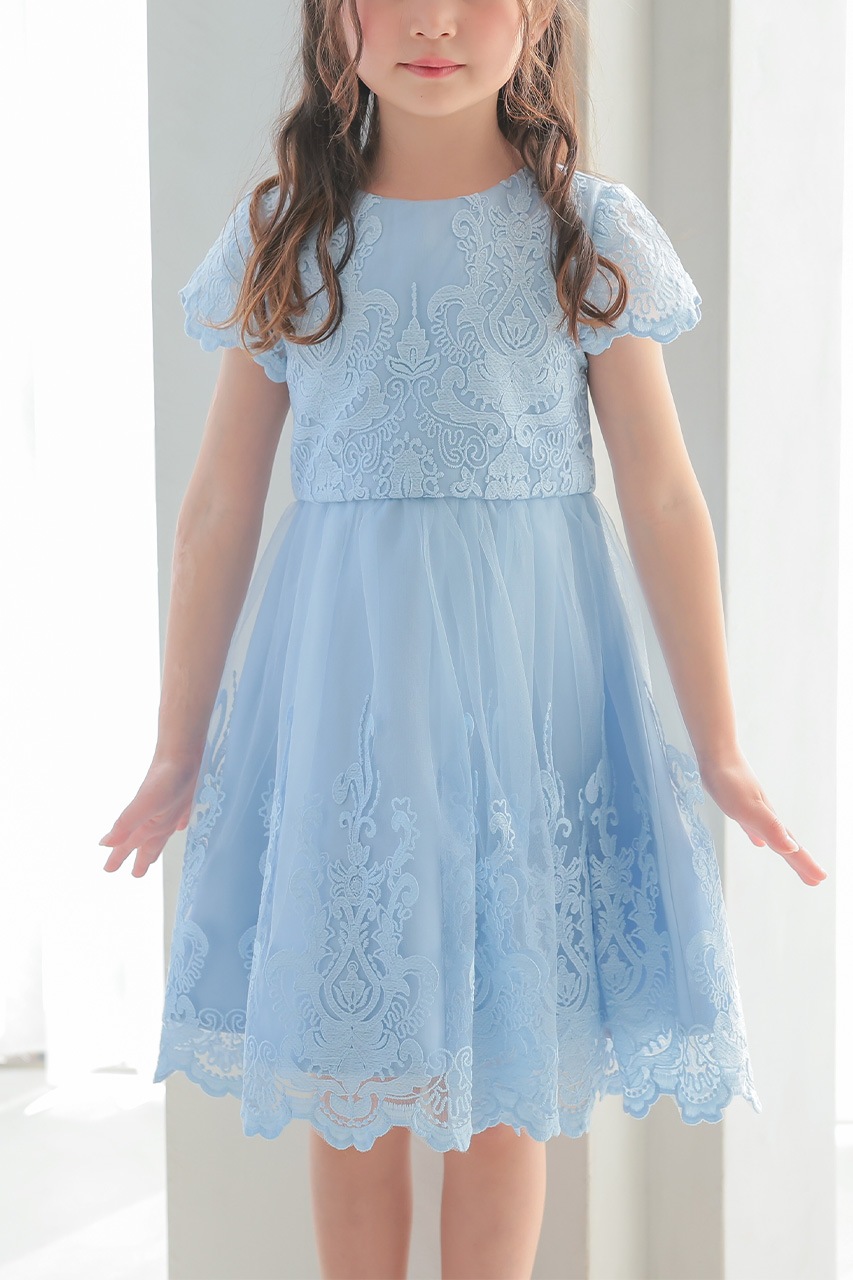 【美品】VIOLETTAレース袖付きオケージョンドレス ライトブルー Kids レースフレアパーティードレス ライトブルー 11歳｜結婚式の