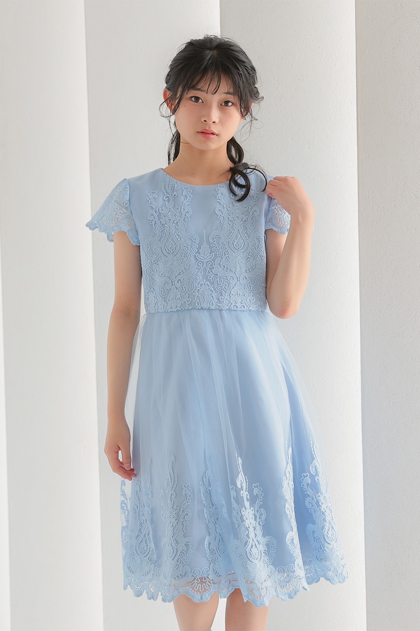 【美品】VIOLETTAレース袖付きオケージョンドレス ライトブルー Kids レースフレアパーティードレス ライトブルー 11歳｜結婚式の
