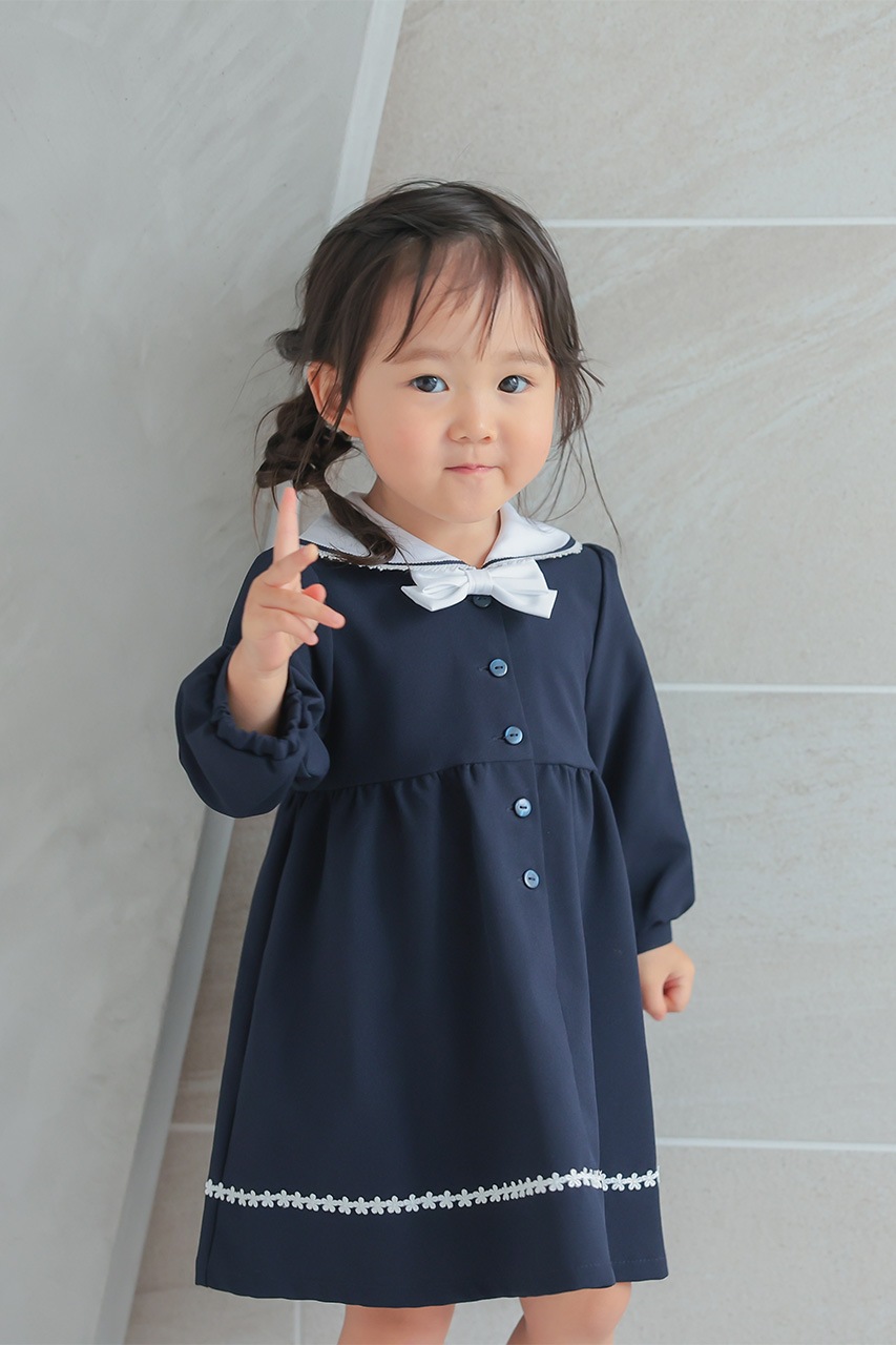 Kids リボン付き丸襟ワンピース 90cm｜結婚式のパーティードレスなら