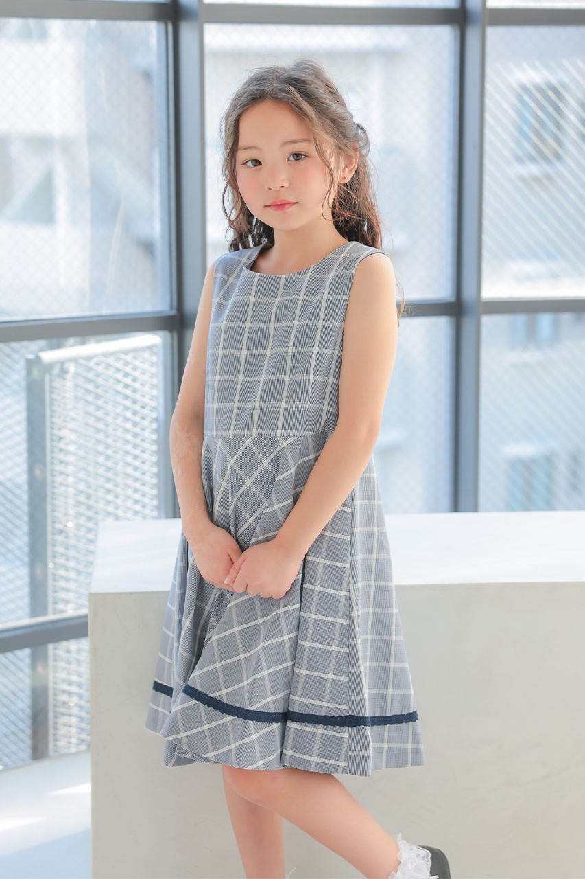 Girls リボン付きチェックワンピースアンサンブル 130cm