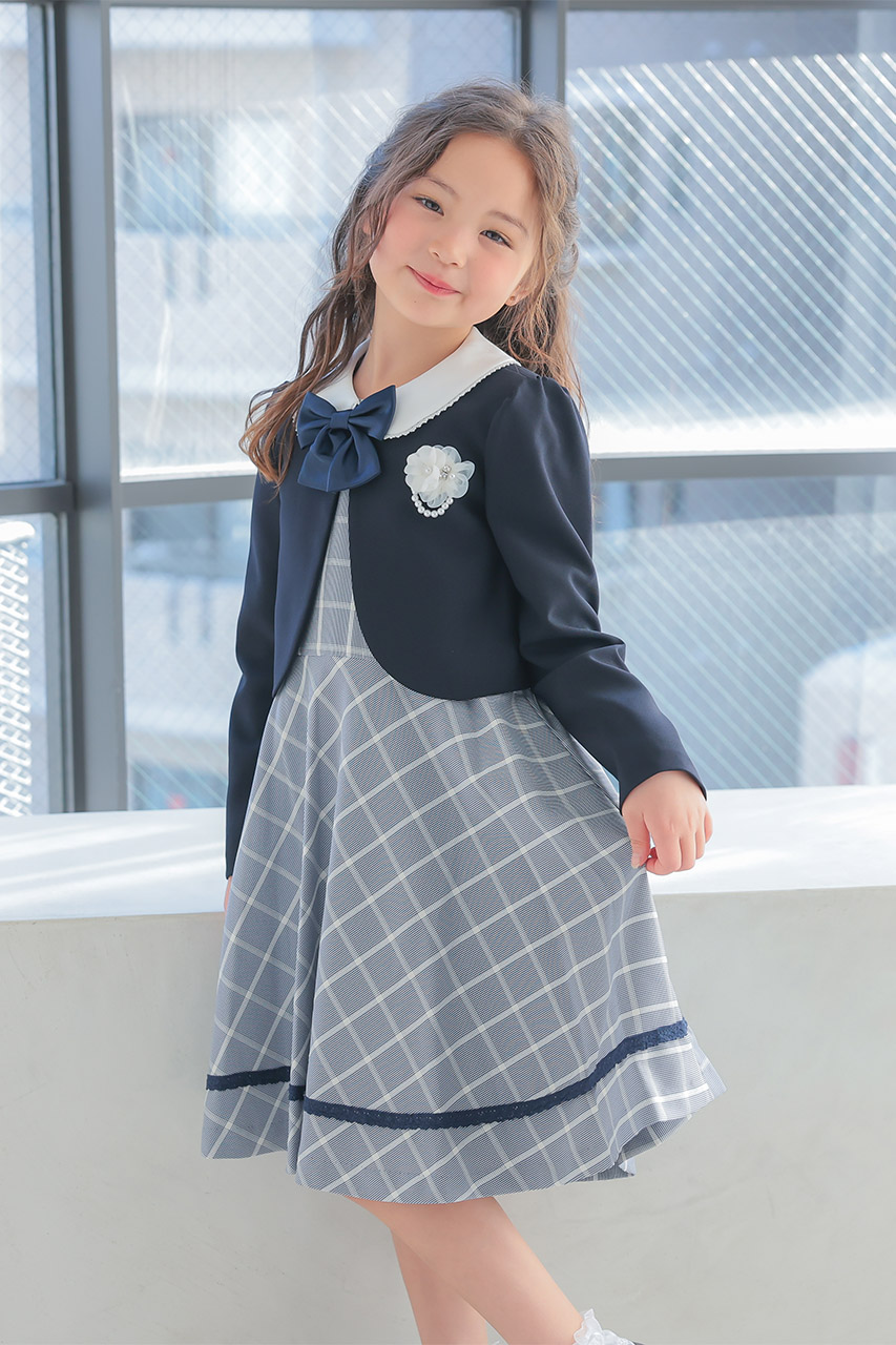 Girls リボン付きチェックワンピースアンサンブル 130cm(ワンピース