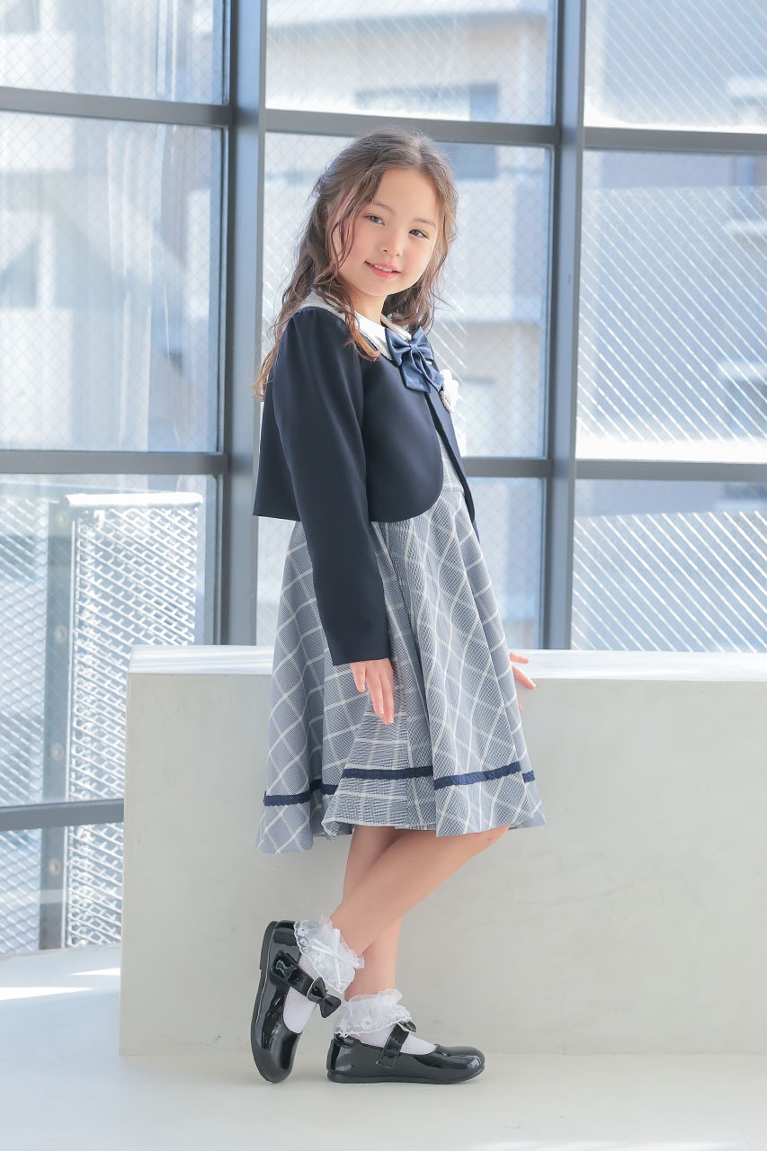 Girls リボン付きチェックワンピースアンサンブル 130cm(ワンピース