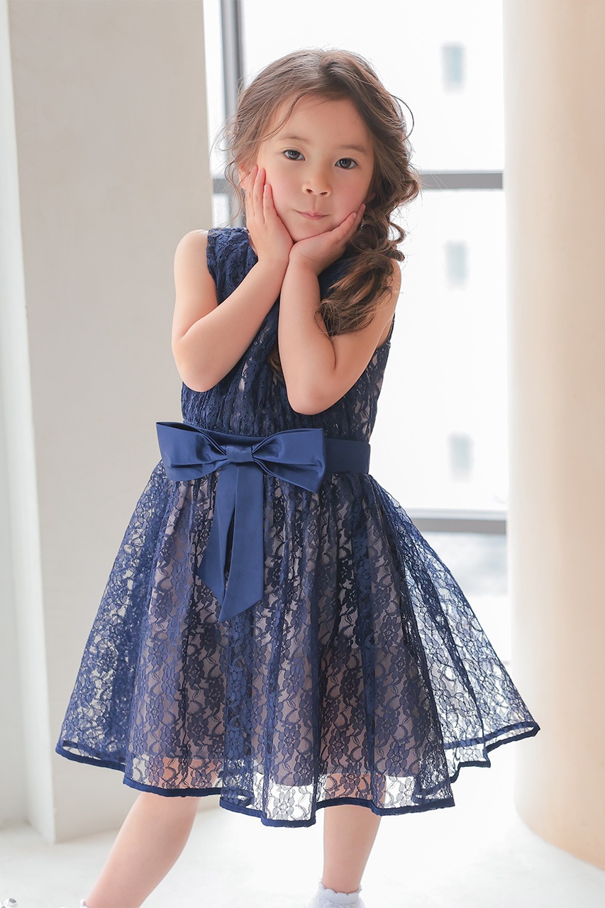 Kids ネイビーレースリボンドレス 5-6歳|結婚式のパーティー Kids ネイビーレースリボンドレス 5-6歳|結婚式のパーティー