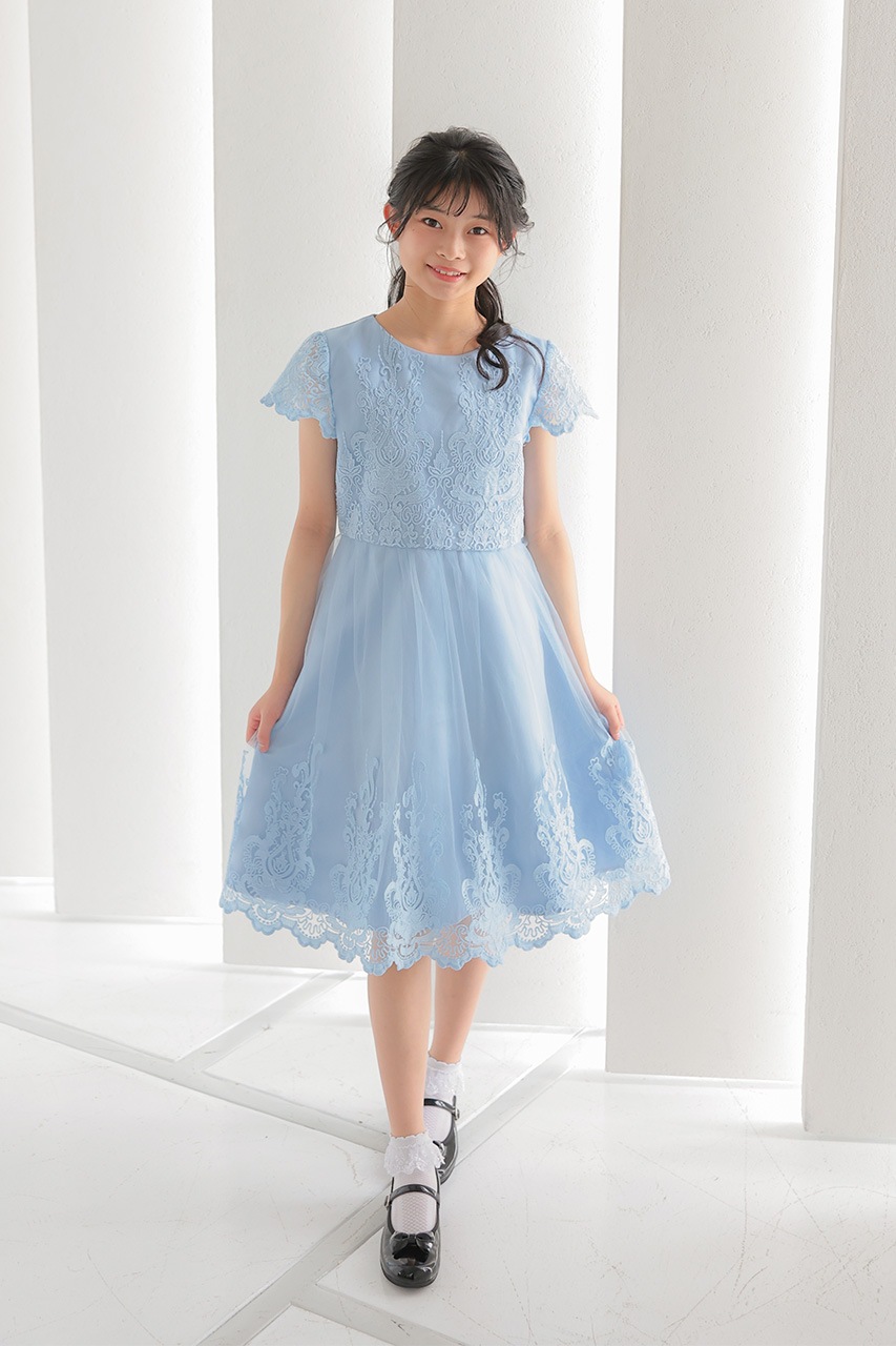 Kids レースフレアパーティードレス ライトブルー 6歳｜結婚式の