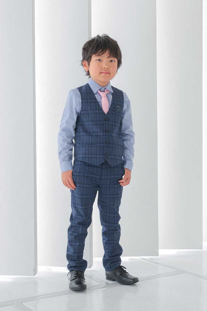 Boys ネイビーチェックベストスーツセット 115-120cm(シャツ/ベスト