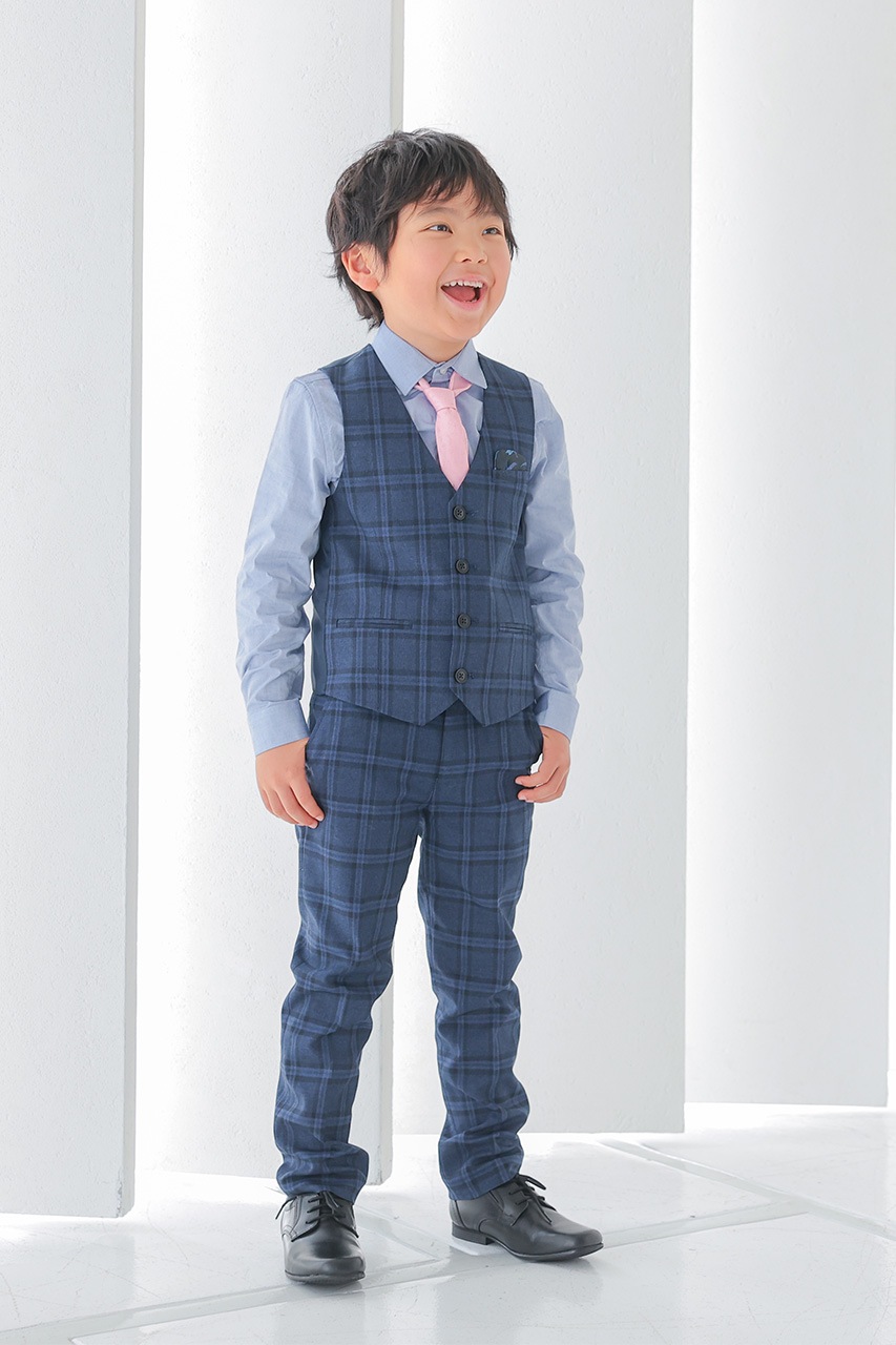 Boys ネイビーチェックベストスーツセット 115-120cm(シャツ/ベスト