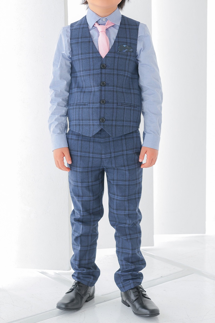 Boys ネイビーチェックベストスーツセット 115-120cm(シャツ/ベスト