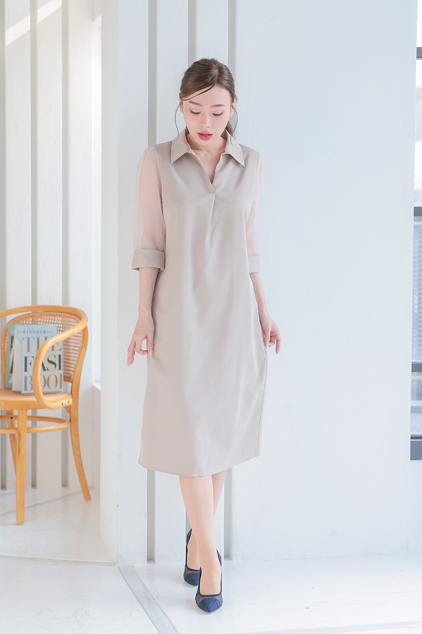 セール! DKNY ロングスリーブ シャツ ワンピース ドレス シアースリーブシャツワンピース グレージュ/S|結婚式の