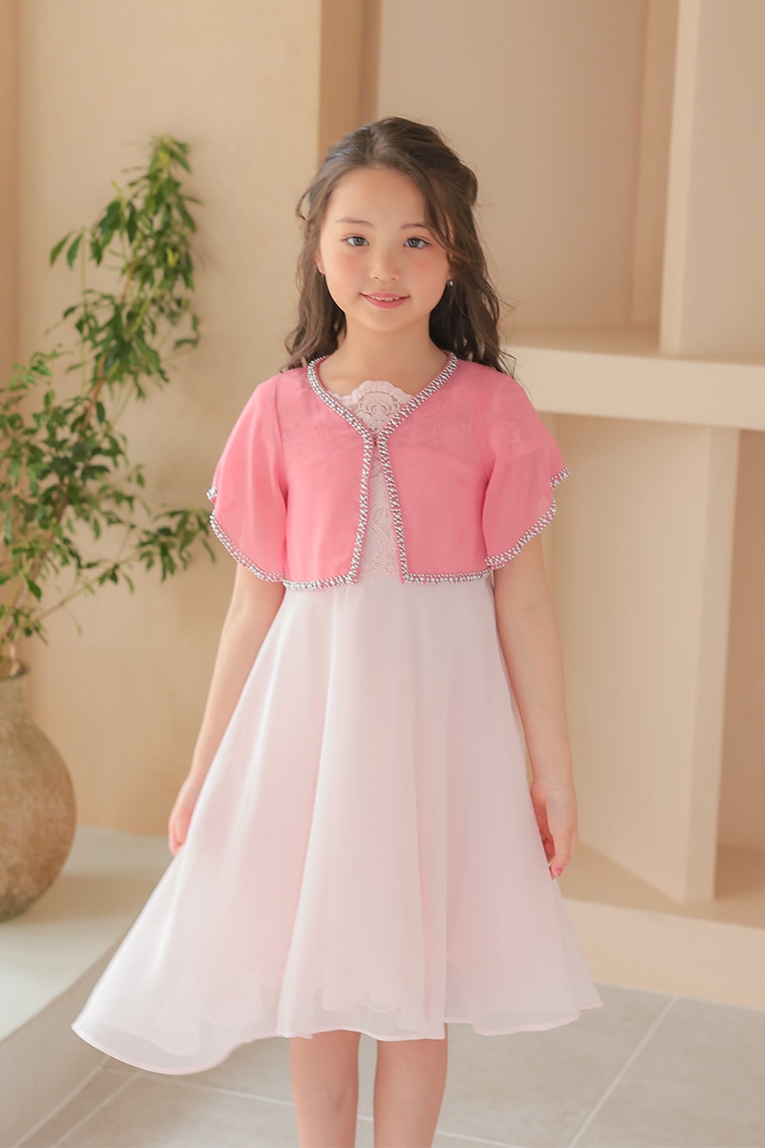 【10%off】9~11号ボレロ付フラワープリント ピンクドレス フリル付き 10%off】9~11号ボレロ付フラワープリント ピンクドレス フリル付き