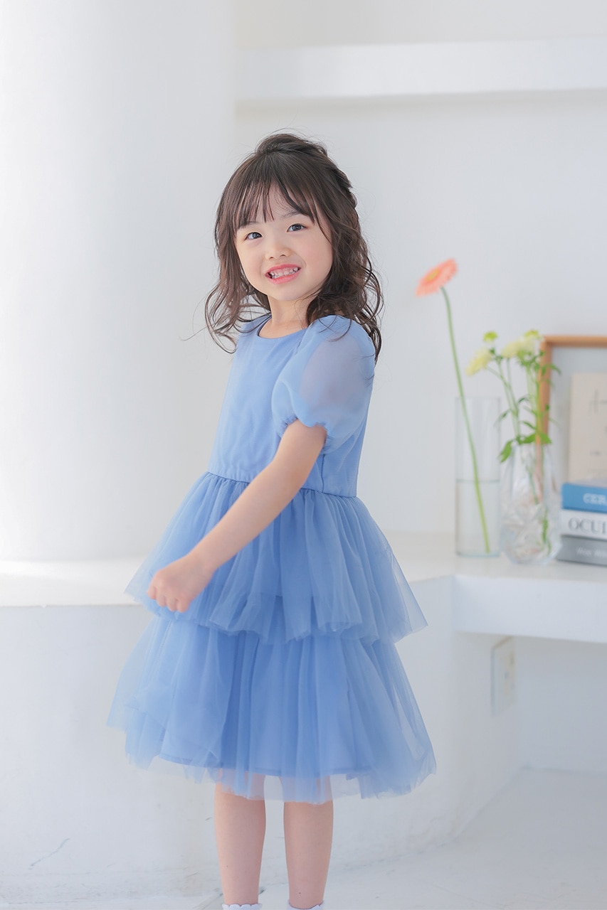 Kids パフスリーブティアードチュールドレス ブルー 5歳｜結婚式