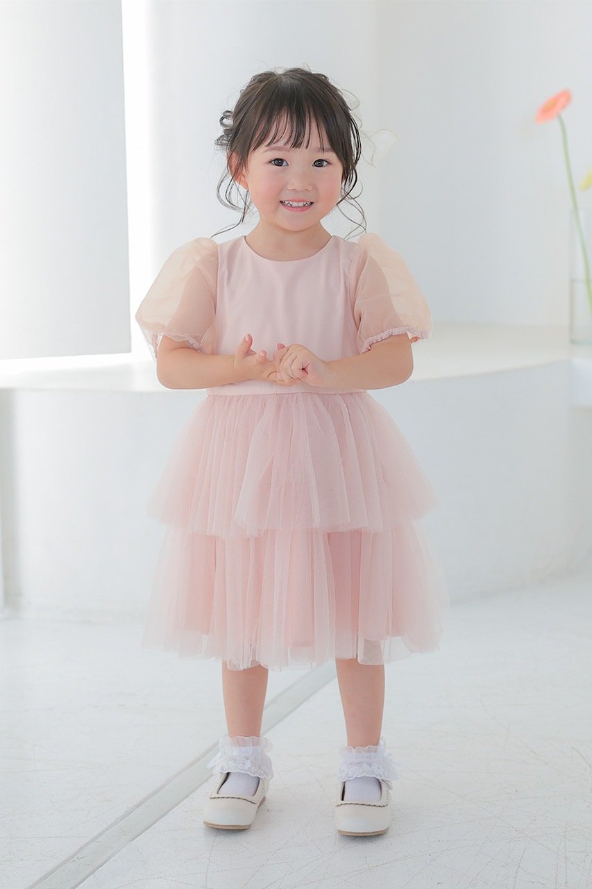 Kids パフスリーブティアードチュールドレスピンク 3歳｜結婚式の 
