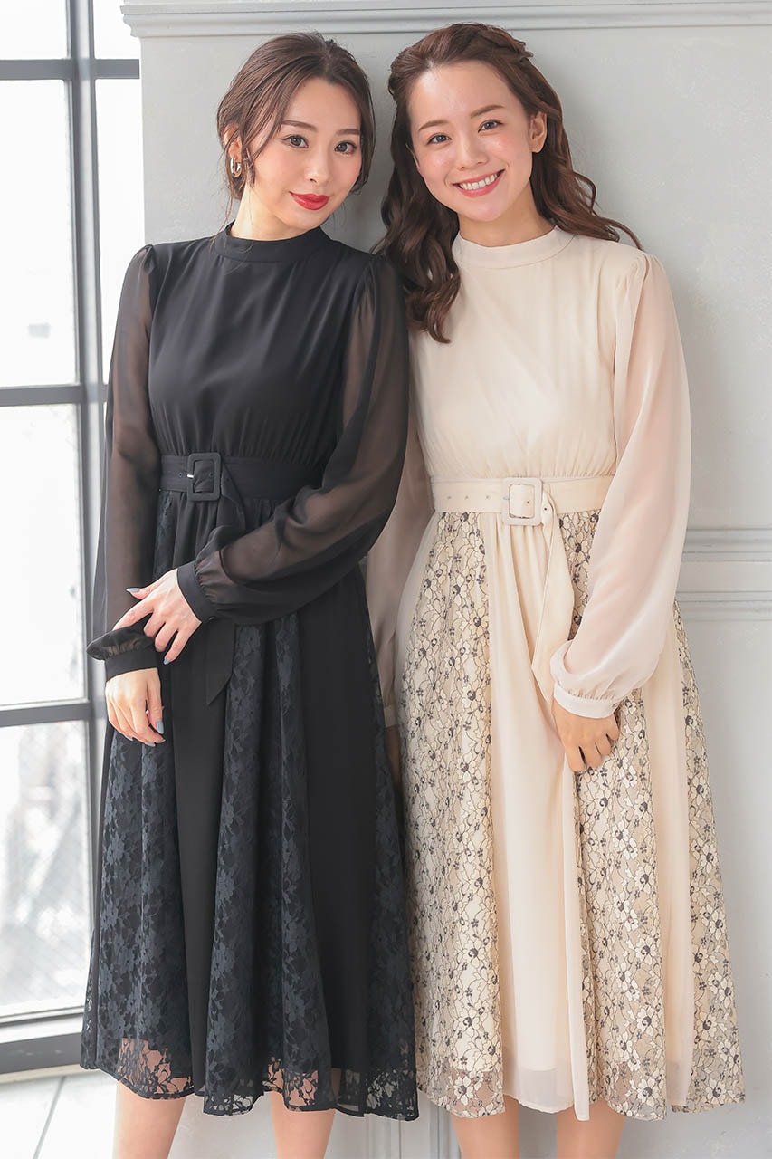 品質!! シフォン ブラック パーティー ドレス PourVous ドレス 七分袖＆ミモレ丈 パーティードレス シフォン