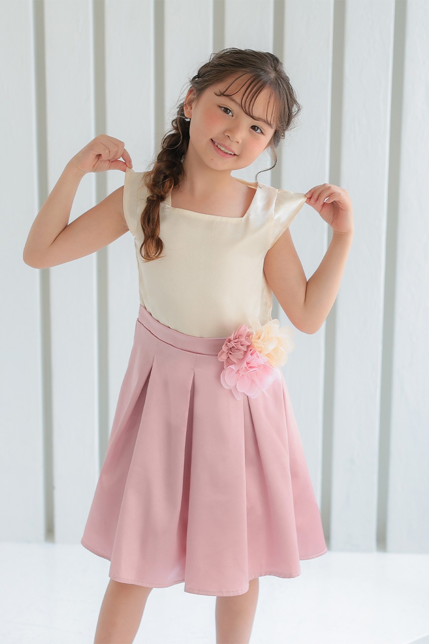 Kids フラワーコサージュバイカラーサテンドレス 7-8歳｜結婚式
