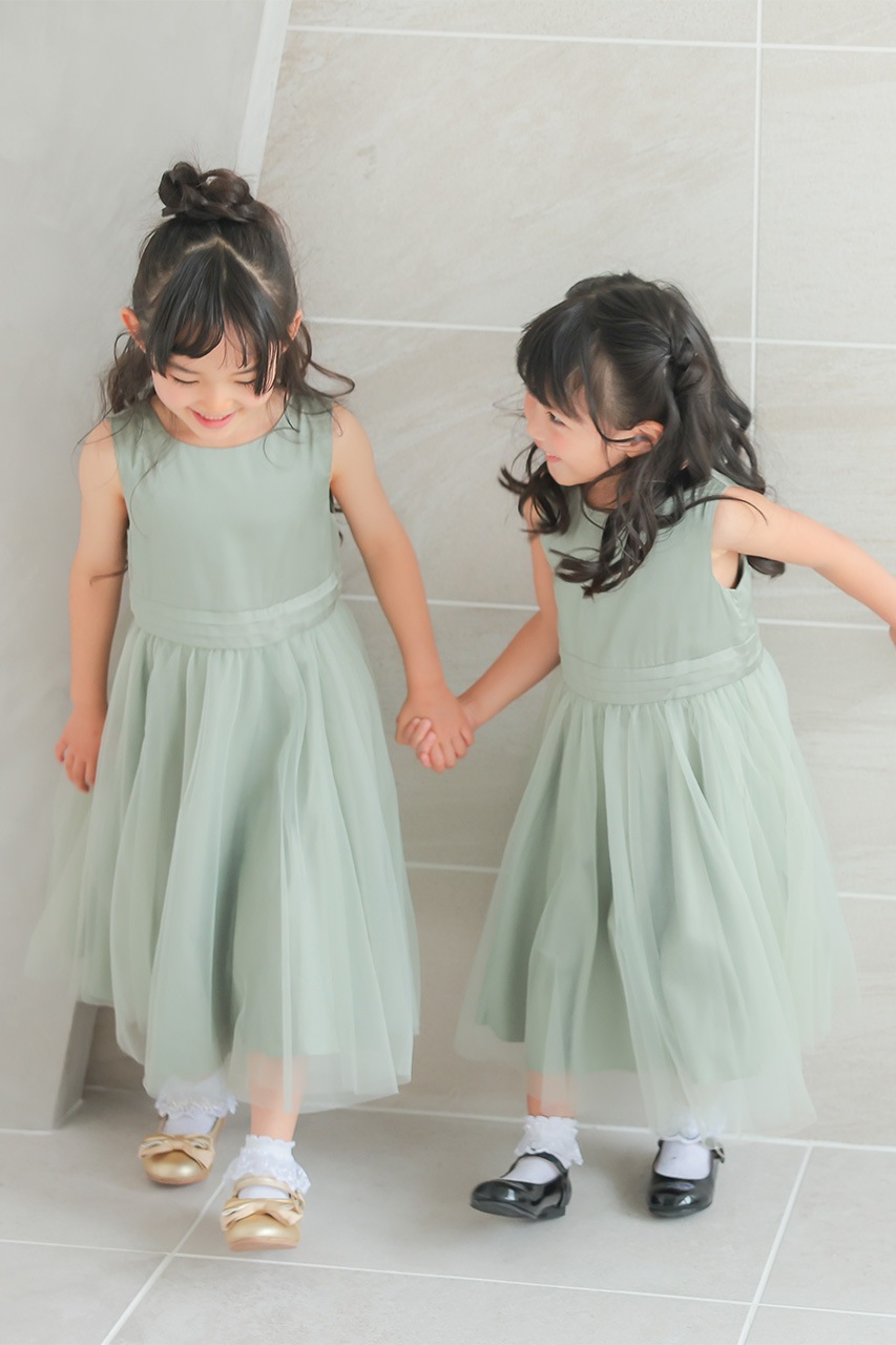 Kids チュールドッキングサテンドレス セージグリーン 3歳｜結婚式の