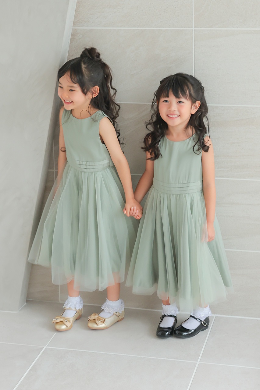 お呼ばれドレス セージグリーン ドレス Kids チュールドッキングサテン