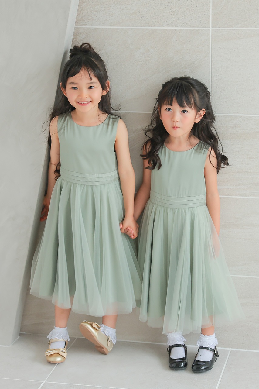 Kids チュールドッキングサテンドレス セージグリーン 3歳｜結婚式の