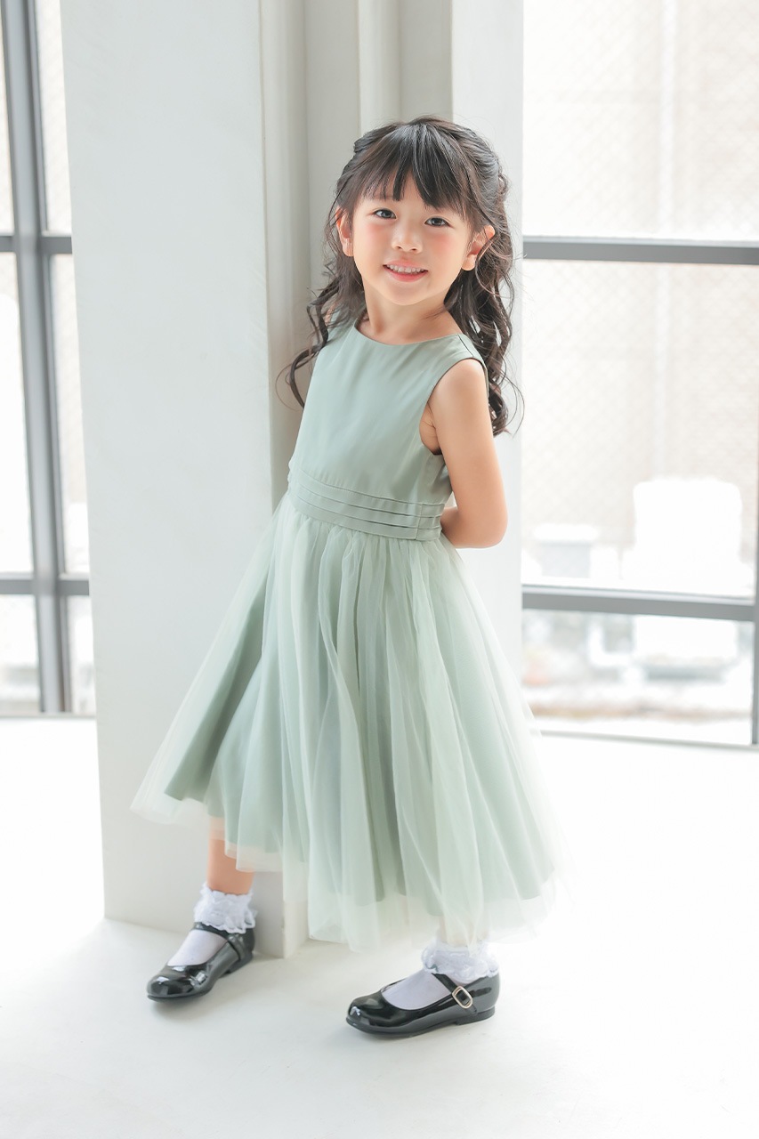 Kids チュールドッキングサテンドレス セージグリーン 3歳｜結婚式の