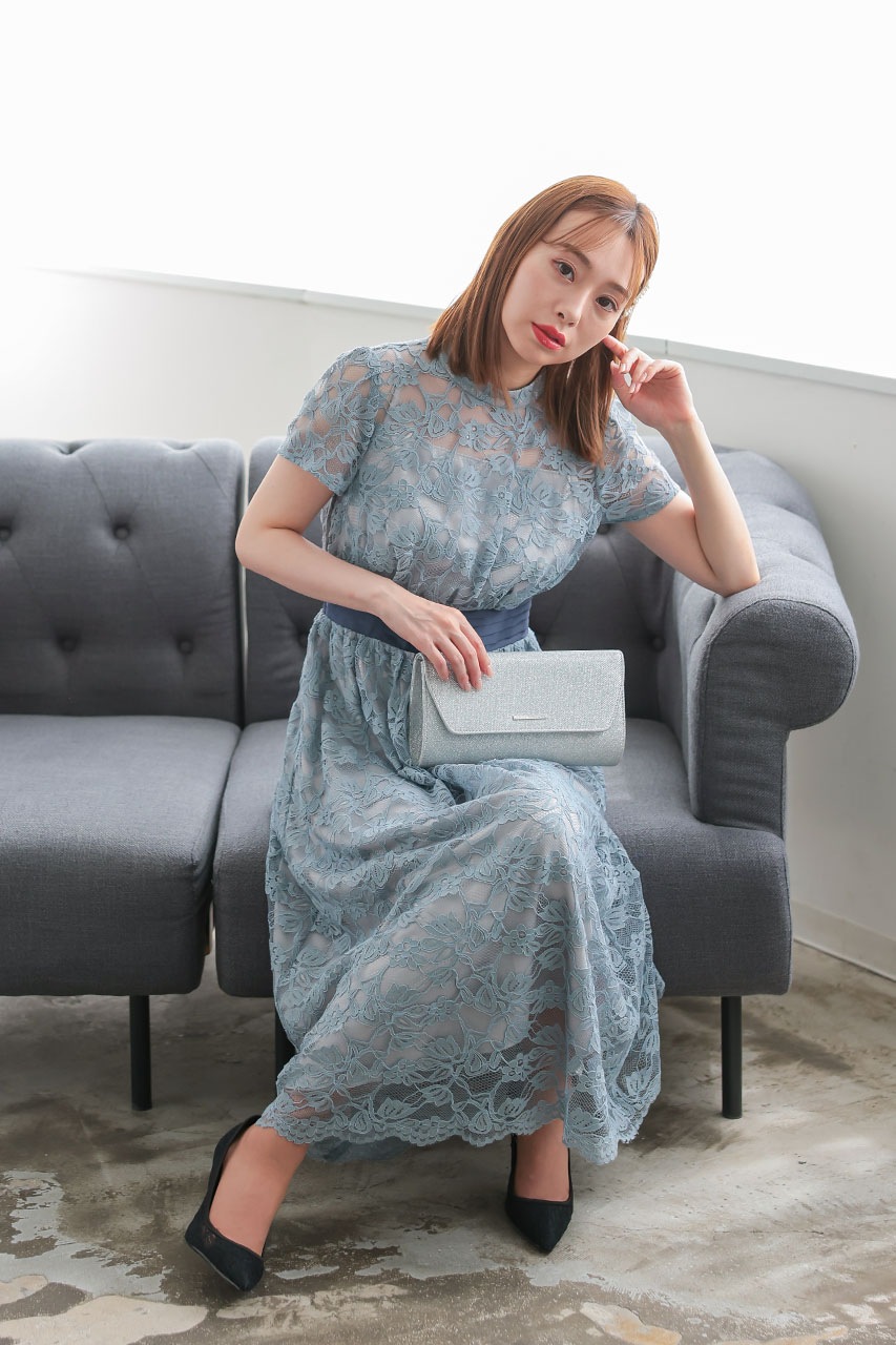 スタンドカラーレースドレス サックス/S｜結婚式のパーティードレス