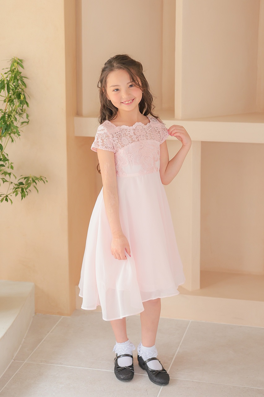 Kids エンブロイダリーAラインドレス ピンク 7歳｜結婚式の