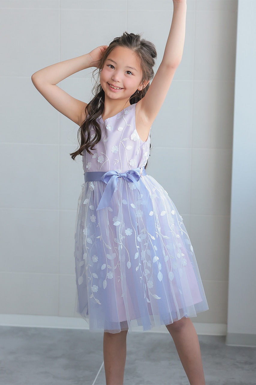 Kids 3Dフラワーダブルチュールドレス 8歳｜結婚式のパーティードレス