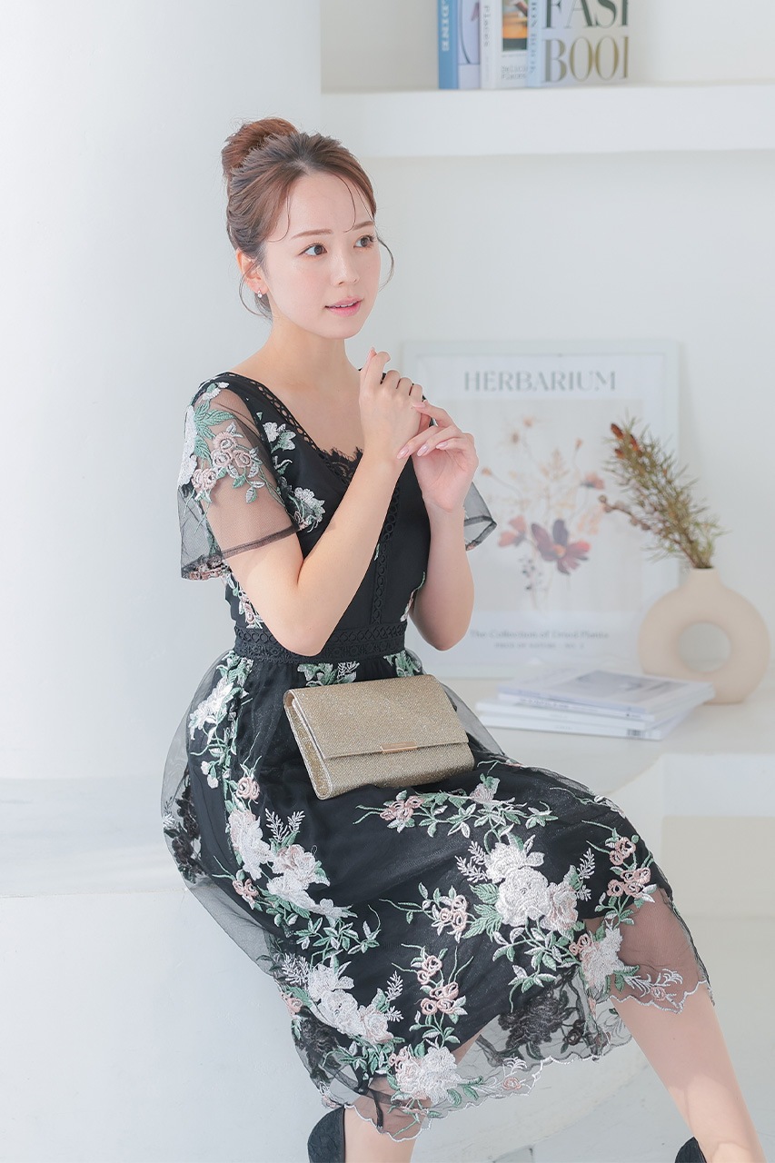 Vネックチュールフラワードレス Sサイズ｜結婚式のパーティー