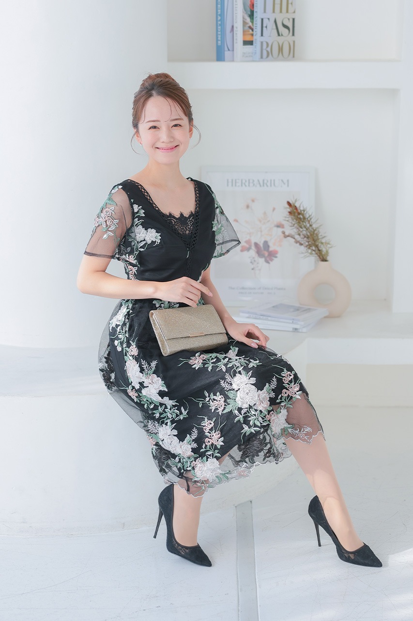 Vネックチュールフラワードレス Sサイズ｜結婚式のパーティー