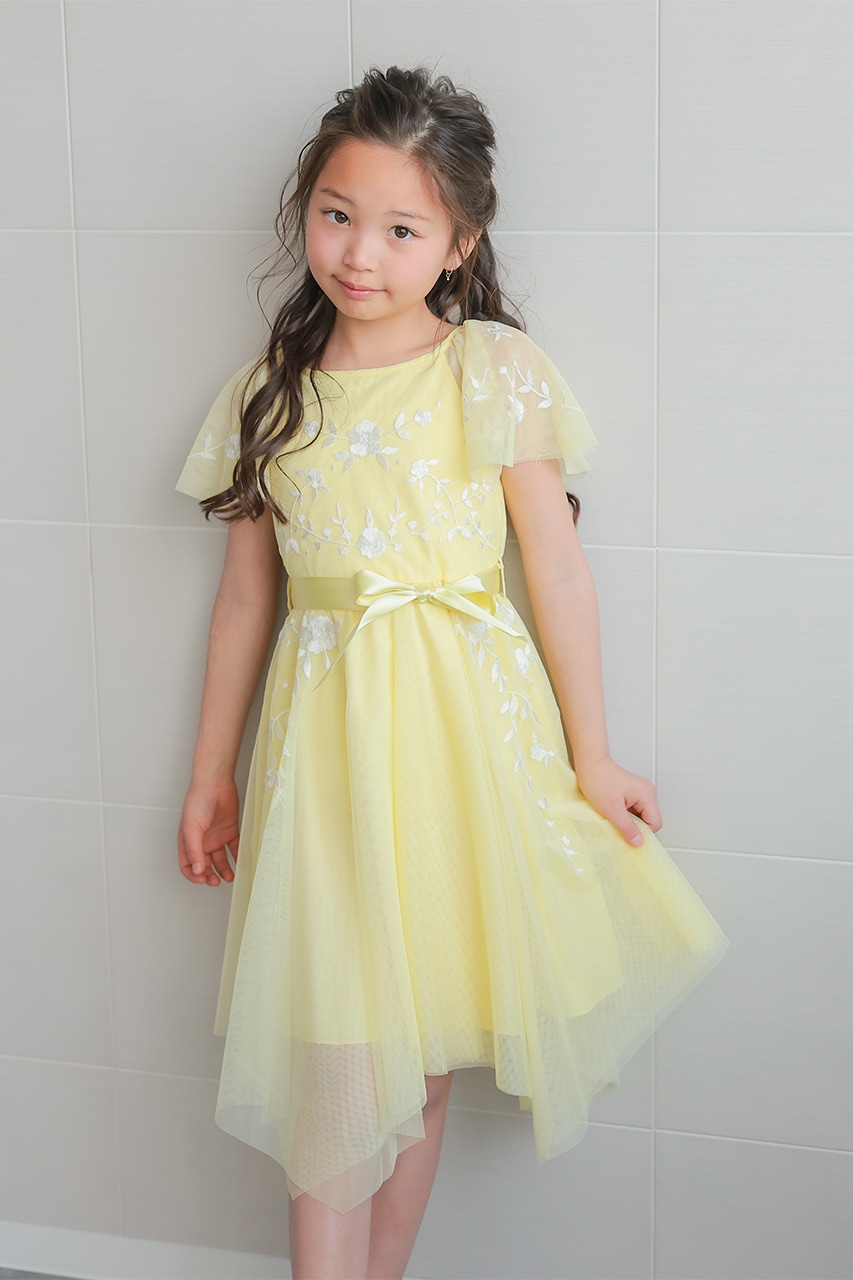 Kids エンブロイダリーアシメチュールドレス イエロー 7歳｜結婚式の