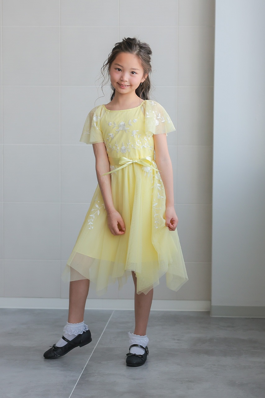 イエローチュールドレス Kids エンブロイダリーアシメチュールドレス イエロー 7歳｜結婚
