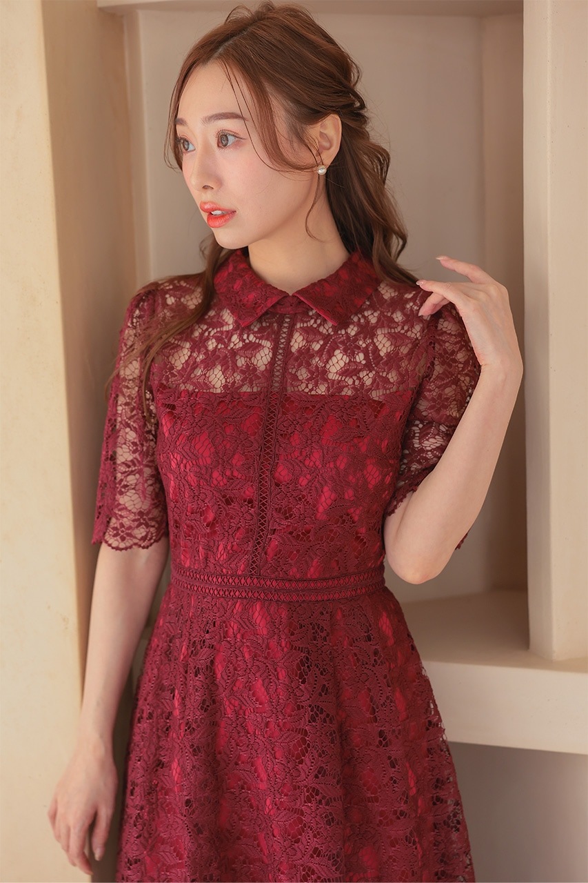 襟付きケミカルライクレースフレアドレス ワインレッド/M｜結婚式の