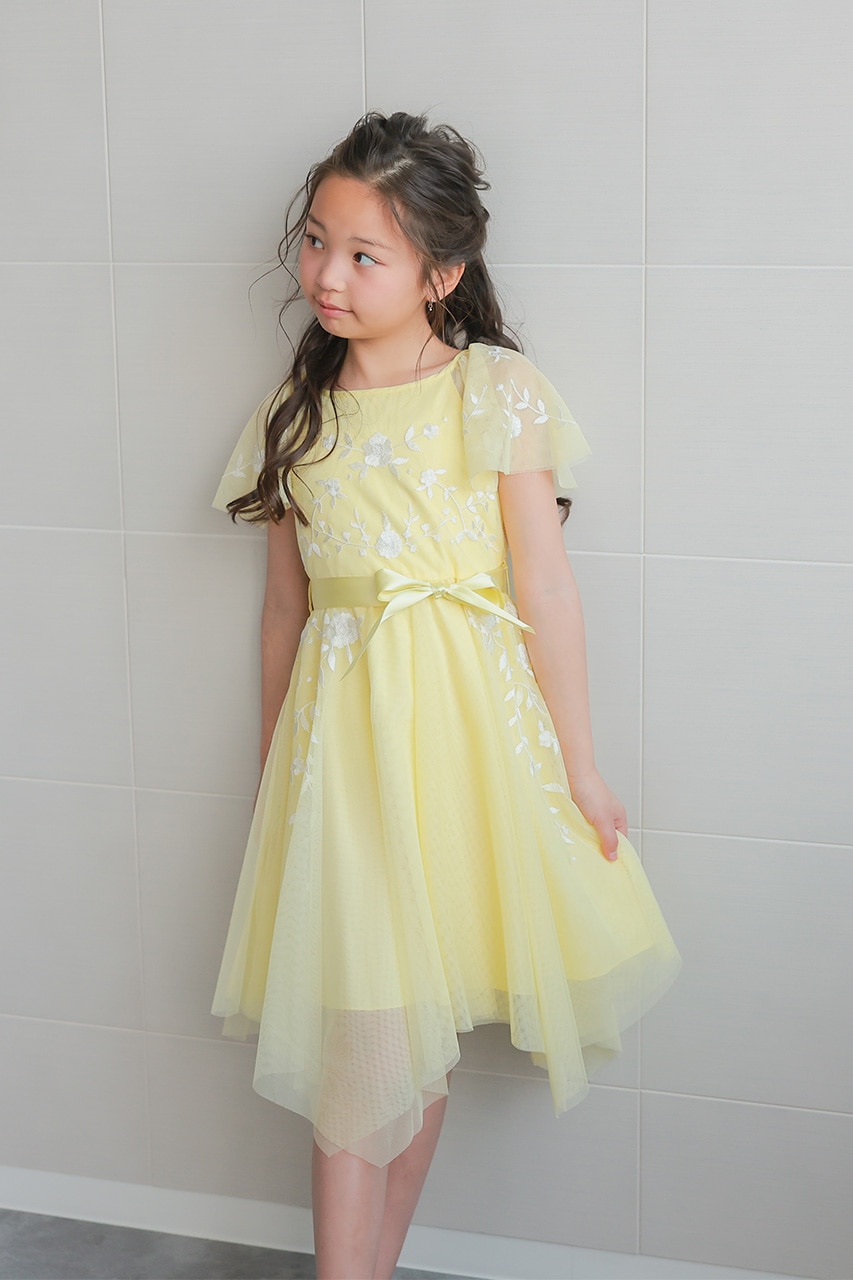 Kids エンブロイダリーアシメチュールドレス イエロー 11歳｜結婚式の