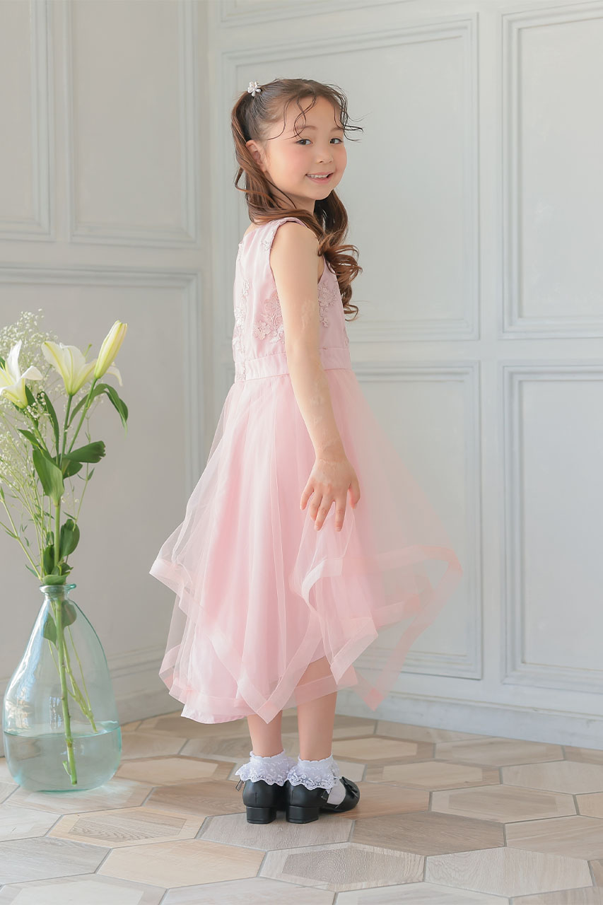 キッズドレス　ピンクチュールドレス ティアード　フィッシュテール Kids フィッシュテールチュールドレス 6歳｜結婚式のパーティードレス