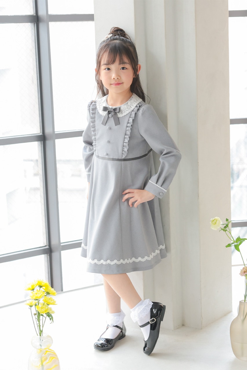Girls リボン付きレース襟ワンピース グレー 130cm(在庫②)｜結婚式の
