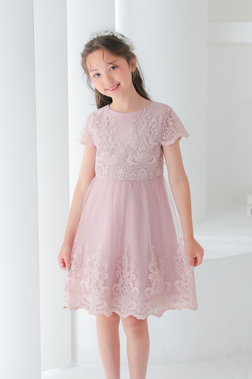 レースパーティードレス ピンク 半袖 フレア Kids レースフレアパーティードレス ピンク 12歳｜結婚式の