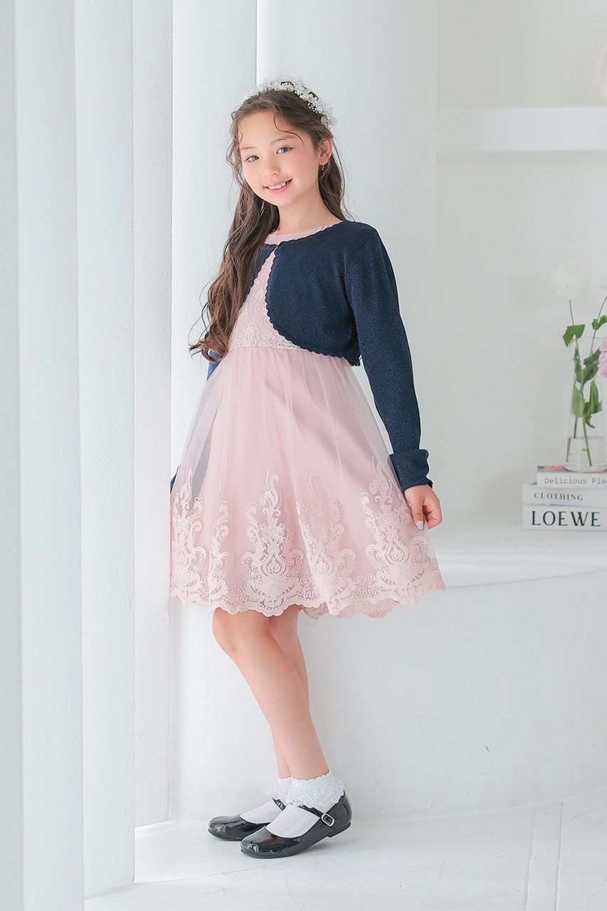 レースパーティードレス ピンク 半袖 フレア Kids レースフレアパーティードレス ピンク 5歳｜結婚式の