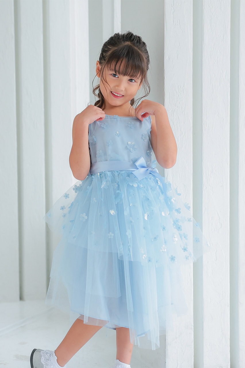 Kids 3Dフラワーティアードチュールドレス 6歳｜結婚式のパーティー