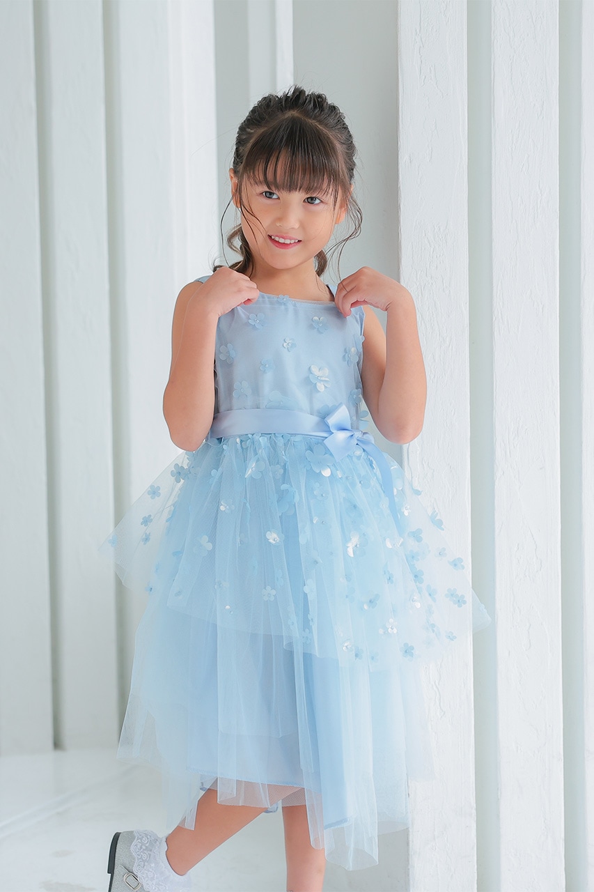 Kids 3Dフラワーティアードチュールドレス 6歳｜結婚式のパーティー