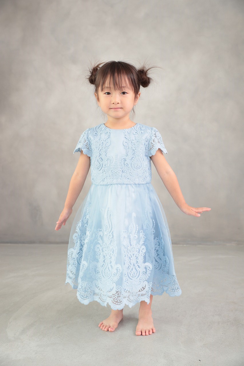 Kids レースフレアパーティードレス ライトブルー 4歳｜結婚式の
