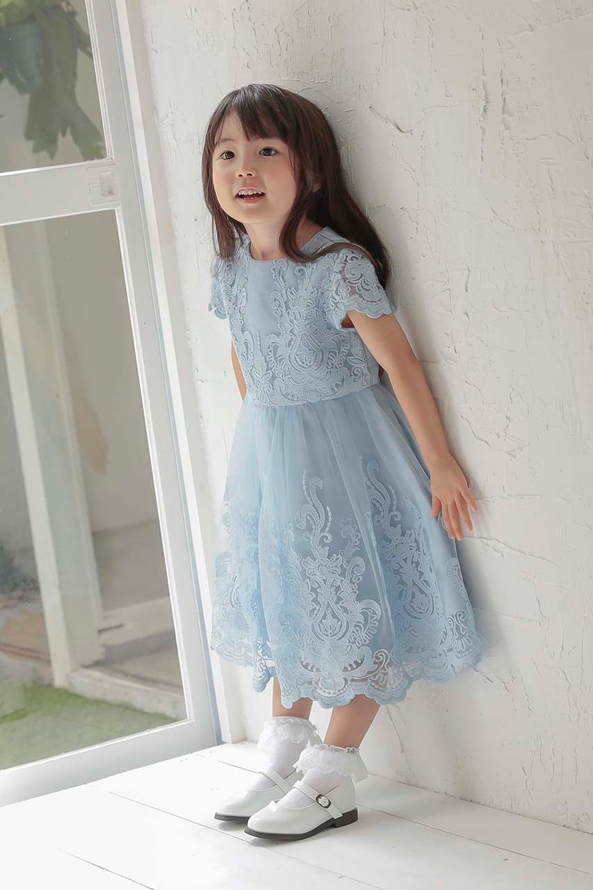 Kids レースフレアパーティードレス ライトブルー 4歳｜結婚式の