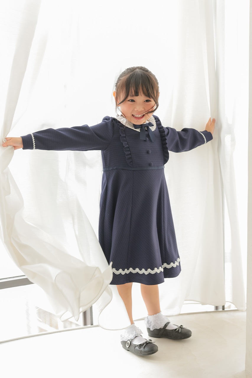 Girls リボン付きレース襟ワンピース ネイビー 110cm｜結婚式の  
