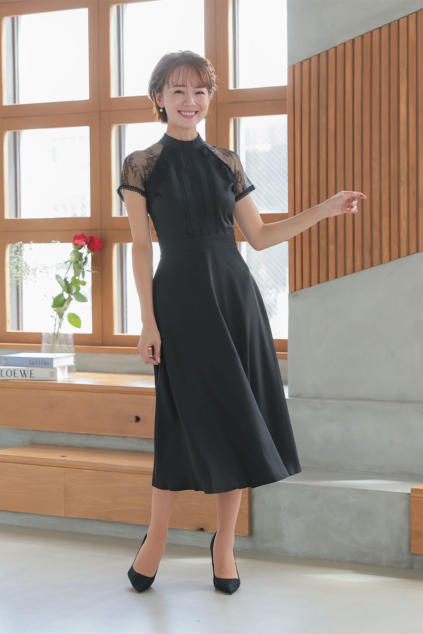 レーススリーブフレアワンピース S｜結婚式のパーティードレス