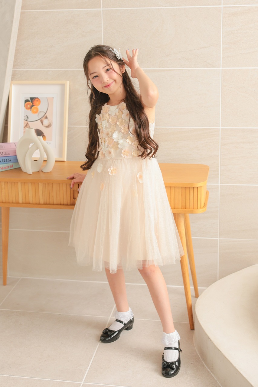 Kids ゴールドラメフラワーディテールドレス 140cm｜結婚式の